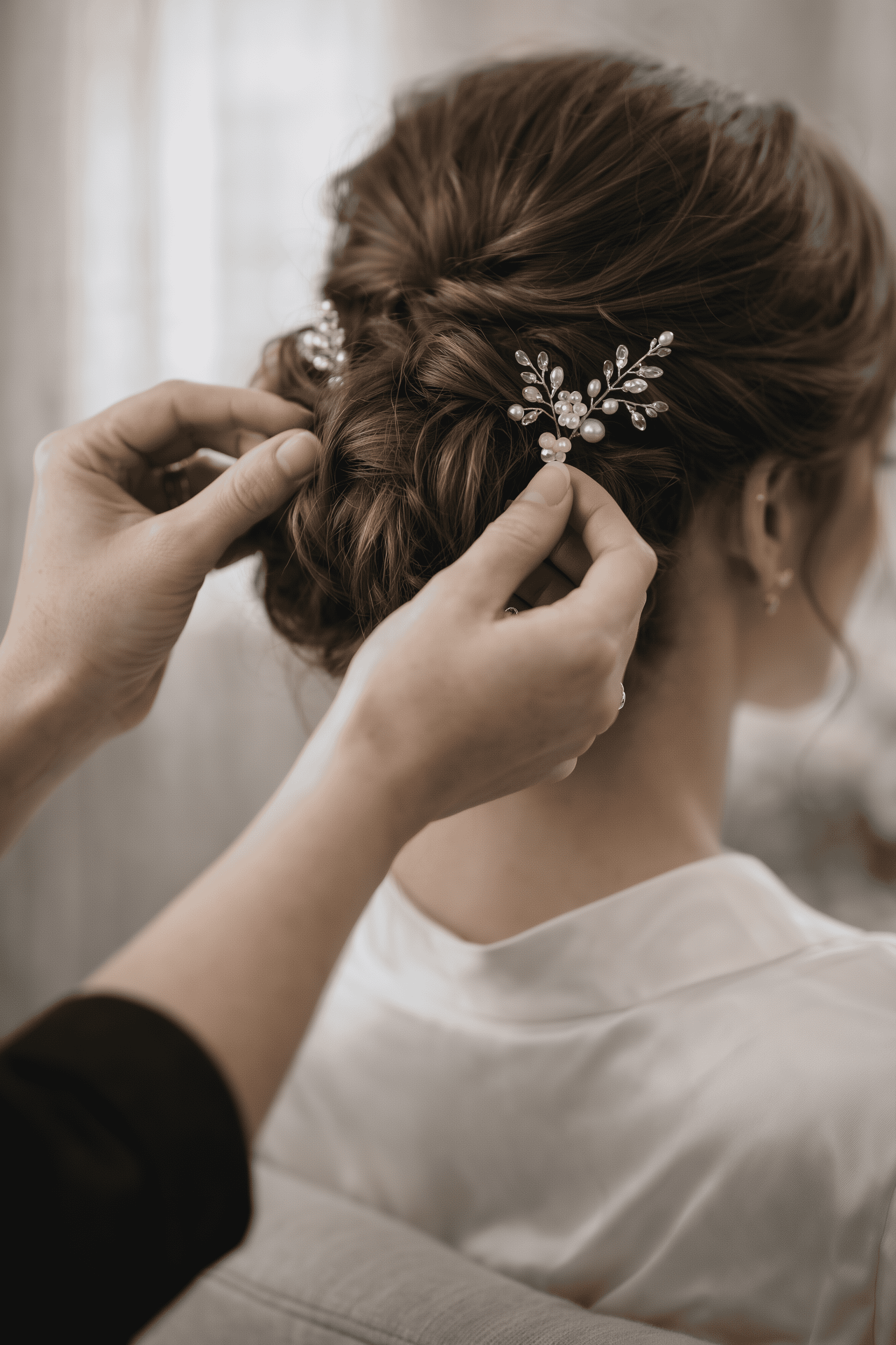 A person carefully places a delicate Bridal Kent hair accessory with pearls and crystals into the updo of a woman wearing a white dressing gown, preparing her hair for a special occasion.