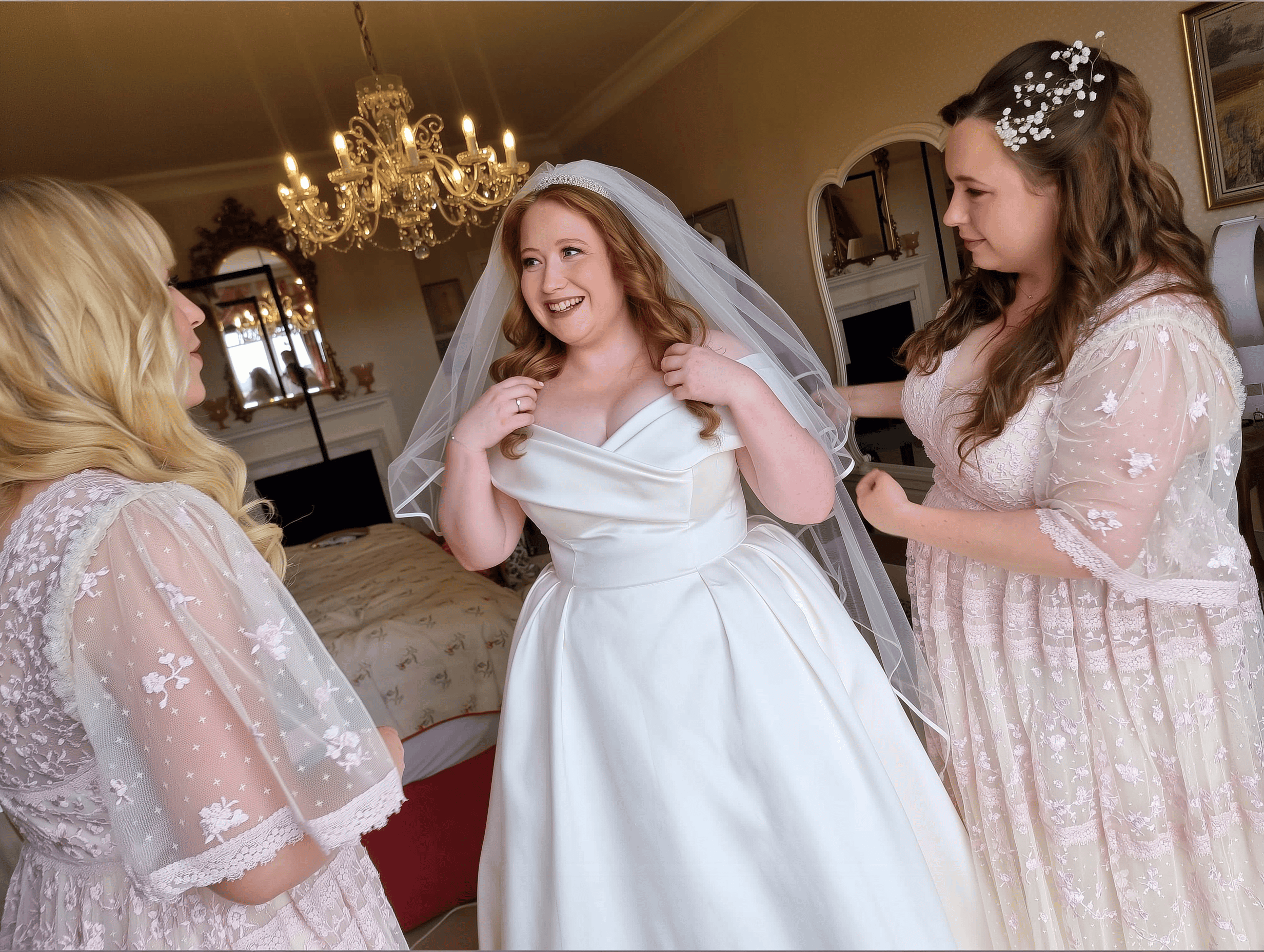 Bride Amber at Wadhurst Castle wedding venue with soft romantic bridal hairstyle and natural makeup by Glamour Brides.
