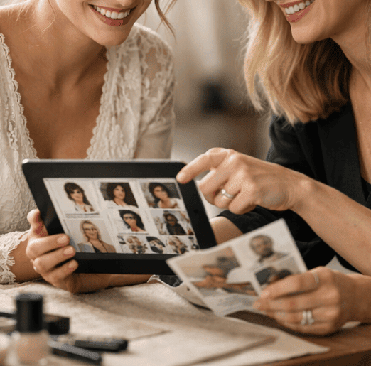 glamour-brides-bridal-hair-and-makeup-in-kent-2026-step-1 – Copy Bride reviewing with stylist different styles for wedding day.