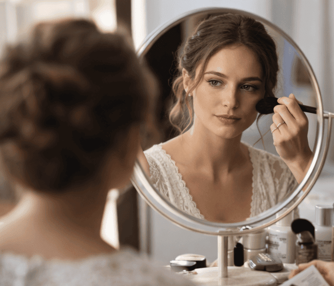 glamour-brides-bridal-hair-and-makeup-in-kent-2026-step-2 – Copy Bride looking at her makeup in the vanity mirror.