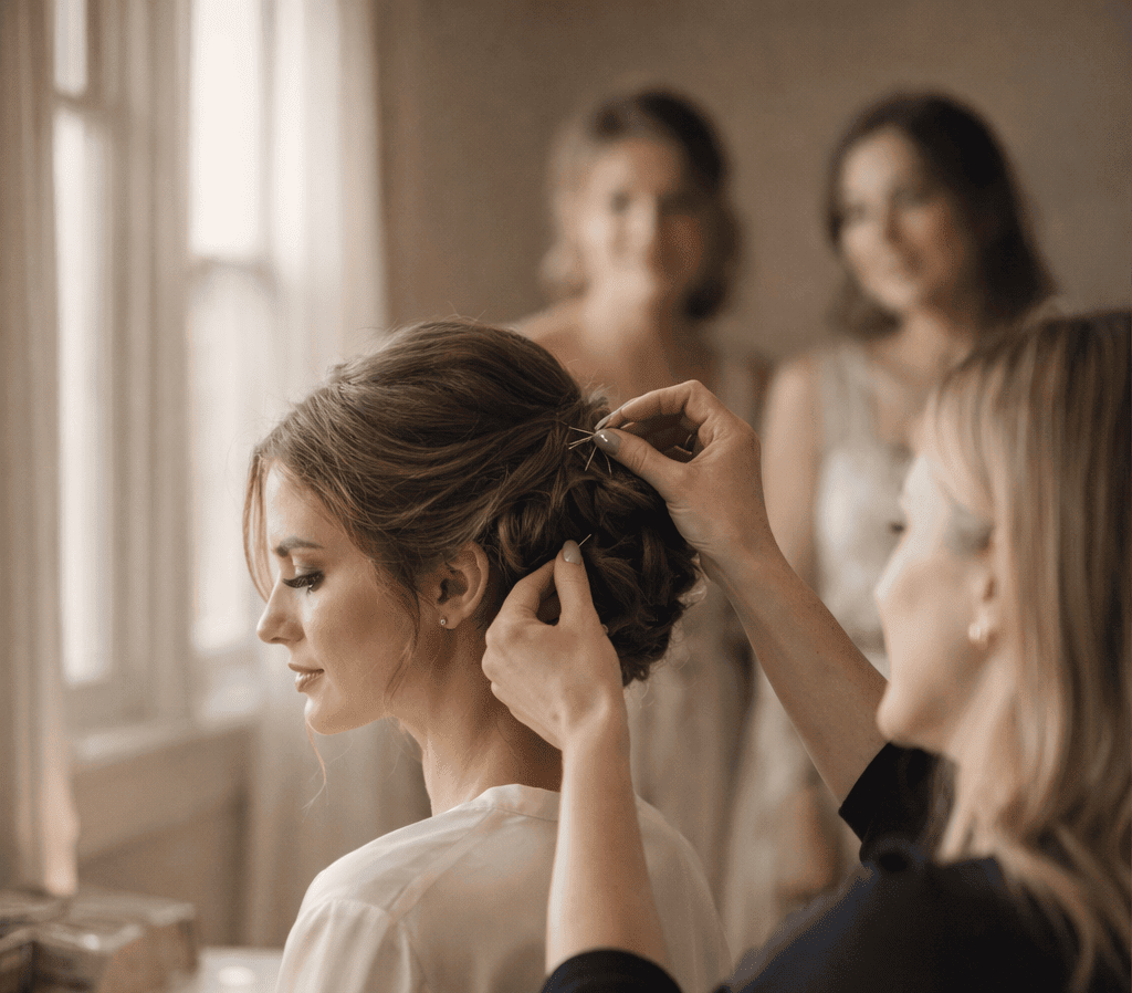 glamour-brides-bridal-hair-and-makeup-in-kent-2026-step-3 – Copy A stylist preparing a bridal bun on the bride adding clips and pins to her hair.